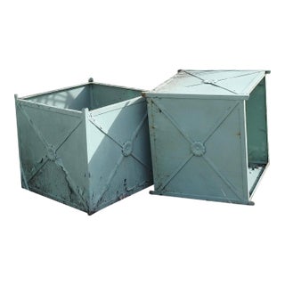 Antique Obelisk Planters With Turquoise Paint, 4 Pieces For Sale