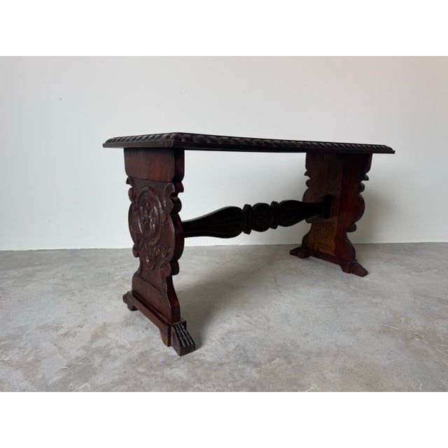 Vintage Italian Renaissance-Style Hand-Carved Wood Coffee Table / Bench For Sale - Image 9 of 12