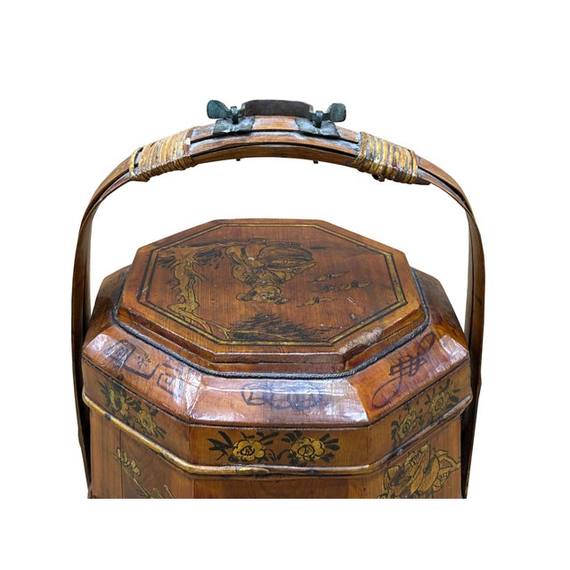 Vintage Oriental Octagonal Golden Graphic Stack Wedding Basket Display For Sale - Image 16 of 16
