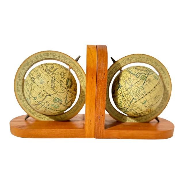 Vintage Mid 20th Century Wood and Paper Mache Old World Globe Book Ends- Pair of 2 For Sale