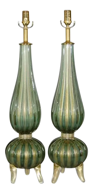 Murano Glass Footed Table Lamps in Green and Gold, a Pair