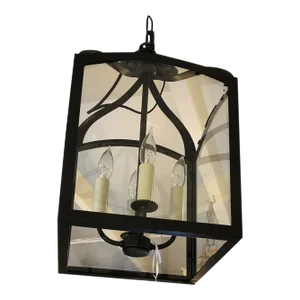 Large Square Bronze & Glass Lantern Pendant Chandelier