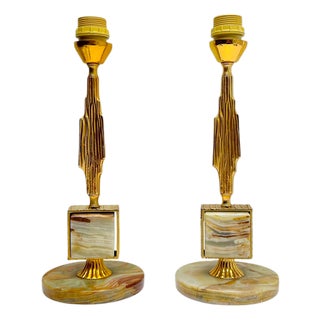 Brass and Onyx Table Lamps in the style of Maison Jansen, 1970s, Set of 2 For Sale