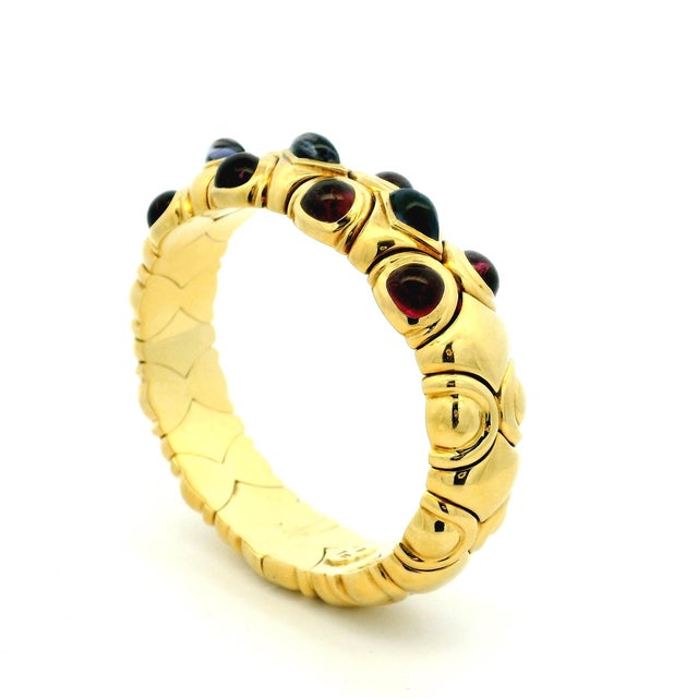 Metal Italian 18k Gold Ruby Sapphire Cabochon Flexible Bangle Bracelet, 82 Grams, Circa 1990 For Sale - Image 7 of 11
