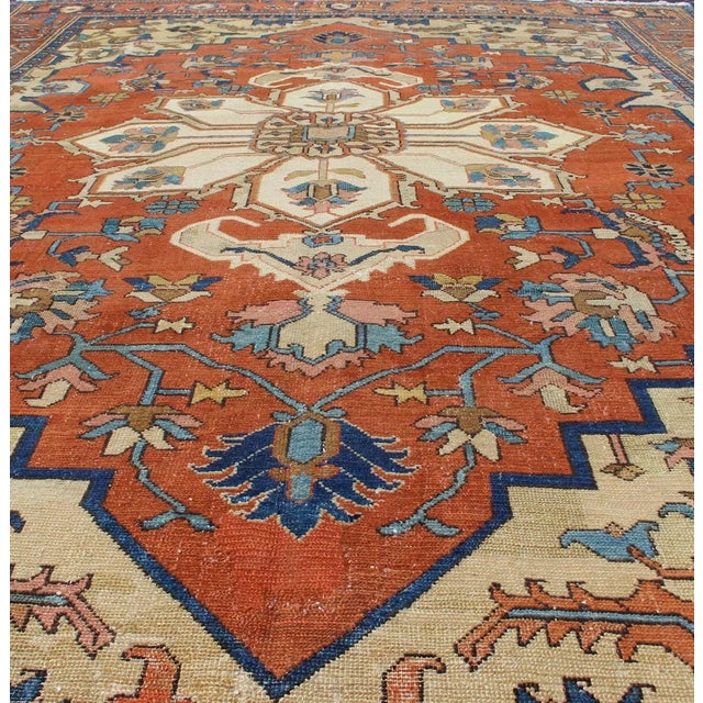 Tribal Antique Persian Serapi Rug in Geometric Medallion Design With Orange & Blue 8'2 X 11'3 For Sale - Image 3 of 16