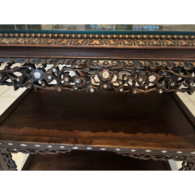 Shell Antique Chinese Black Lacquer & Mother-of-Pearl Marble Top Tiered Table Late 19th Century | Qing Dynasty Influence For Sale - Image 7 of 12