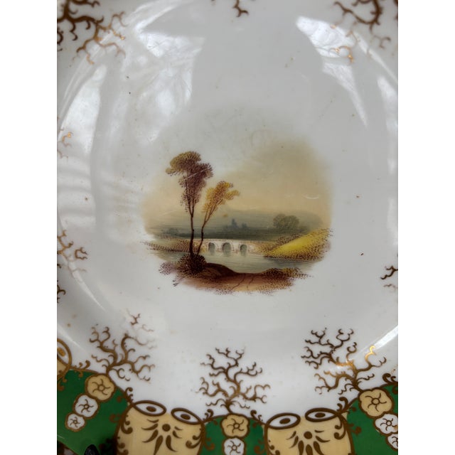 Ceramic Antique Green & Gilt Porcelain Plates Scenic Victorian C 1900 Gold Scalloped - Set of 10 For Sale - Image 7 of 12