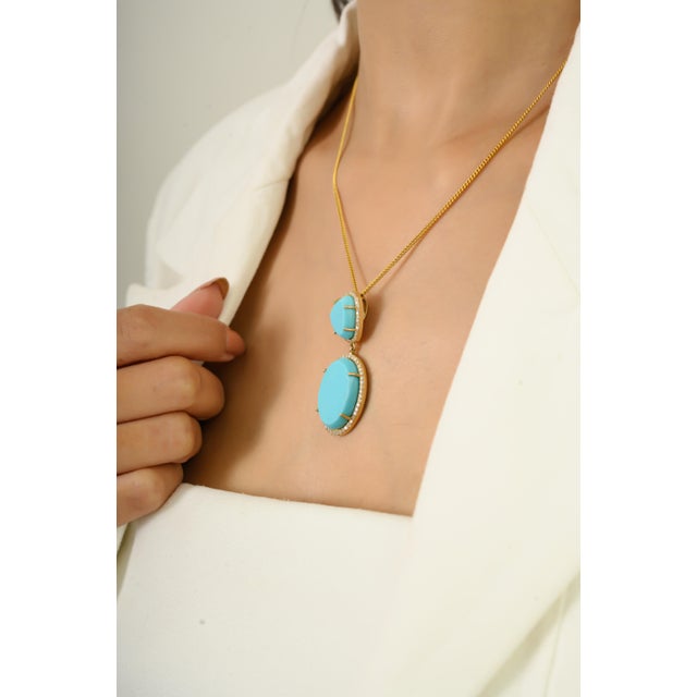 Early 20th Century Vintage 12.2 Carat Turquoise Diamond Halo Bohemian Statement Pendant in 14k Gold For Sale - Image 5 of 14