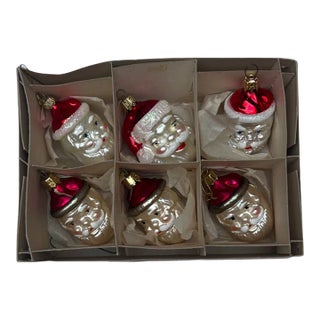 Vintage German Hand Blown Santa Ornaments in Box- Set of 6 For Sale