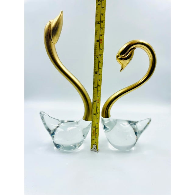 Mid 20th Century Set of 2 Hand Blown Clear Art Glass & Brass Swan Sculptures/Figurines For Sale - Image 9 of 12