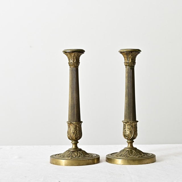 Exceptional quality French late 18th century brass candlesticks, Louis XVI-Directoire taste, like miniature Corinthian...