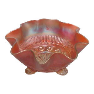 Northwood Carnival Glass Orange Floral Stippled Mum Ruffled Footed Bowl
