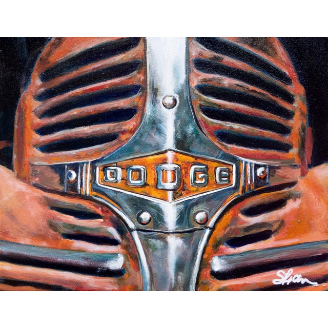 The artwork captures the intricate details of a vintage Dodge truck's grille, showcasing a rich interplay of metallic...