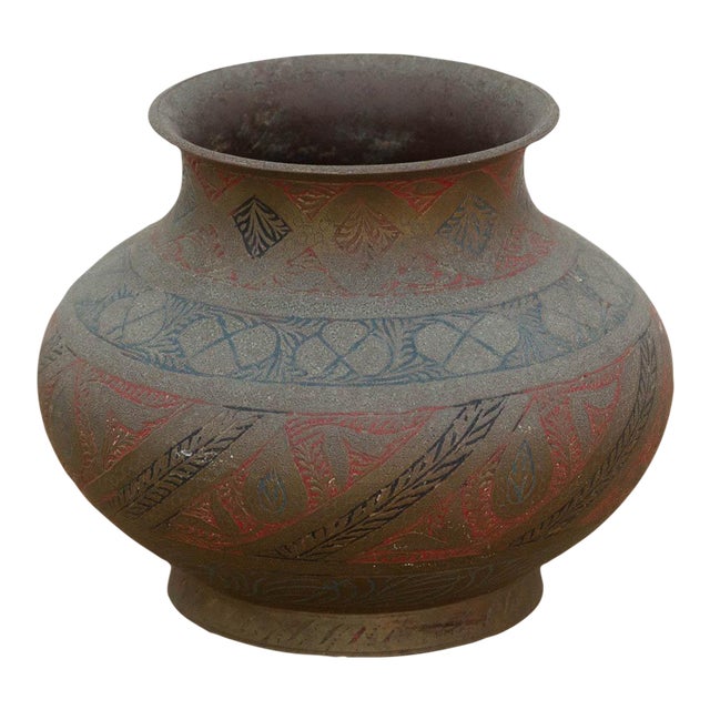 Red & Black Enamel Antique Brass Vessel For Sale