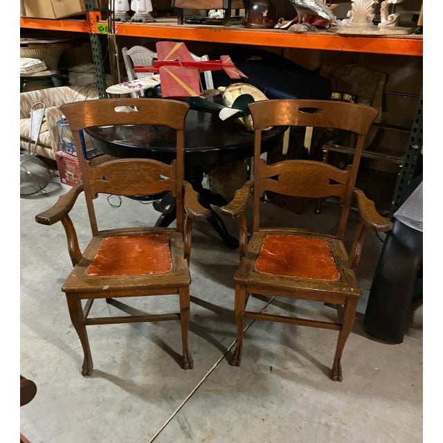 Mid-Century Modern Pair of Vintage Leather Seated Wooden Chairs For Sale - Image 3 of 7