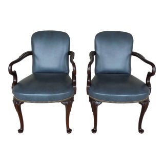 Hancock & Moore Leather Upholstered Mahogany Frame Accent Chairs - Pair For Sale