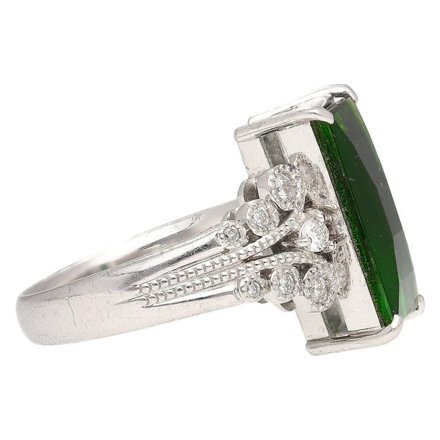 Vintage Platinum 3.19 Carat Indicolite Tourmaline & Diamond Filigree Ring Size 6 For Sale - Image 4 of 11