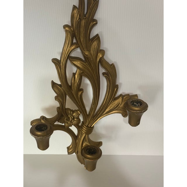 Gold Vintage Hollywood Regency Gold Three-Arm Wall Sconce, Syroco Style For Sale - Image 8 of 12