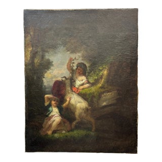Late 18th - Early 19th Century Landscape With Two Young Girls and Goat For Sale