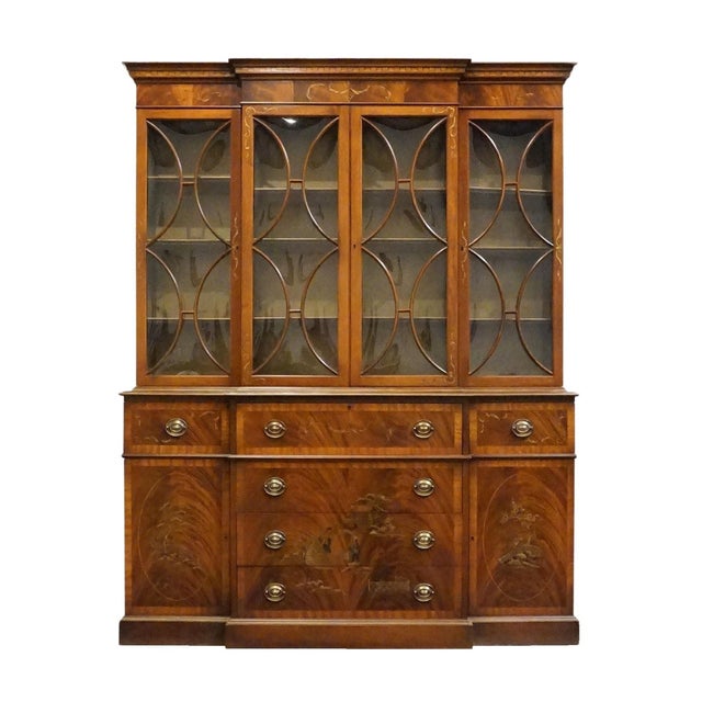 Traditional Saginaw Furniture Flame Mahogany Traditional Duncan Phyfe Style 66" Breakfront Secretary China Cabinet W. Bubble Glass For Sale - Image 3 of 16