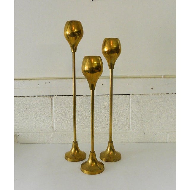 1950s 1950s Brass Candlesticks - Set of 3 For Sale - Image 5 of 7