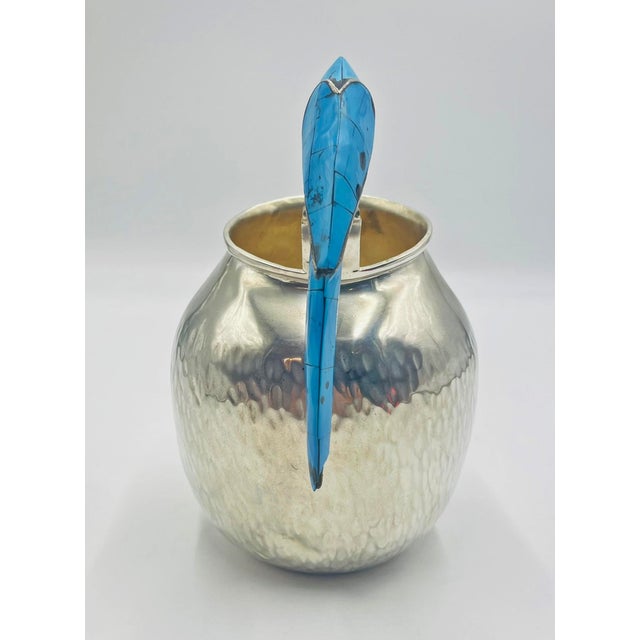 Los Castillo 1960s Los Fajardo Silver-Plated Pitcher With Blue Stone Inlaid Parrot Handle, Mexico For Sale - Image 4 of 17