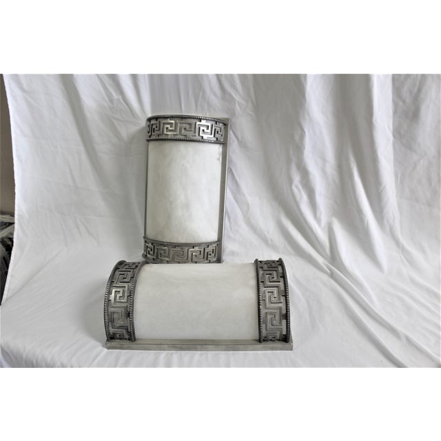 Mid-Century Modern Art Deco Alabaster Sconces, Antique Silver Patina - a Pair For Sale - Image 4 of 10