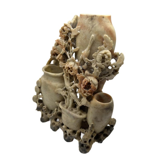 Stone Vintage Soapstone Carvied Triple Vase Birds and Flowers For Sale - Image 7 of 15