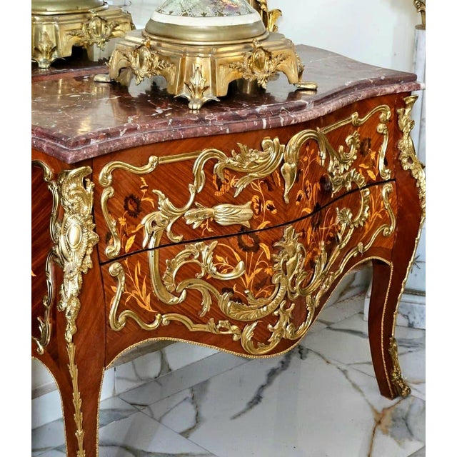 French French Louis XV Bombe Commode – Floral Marquetry, Marble Top & Hand-Applied Gold Leaf Details For Sale - Image 3 of 4