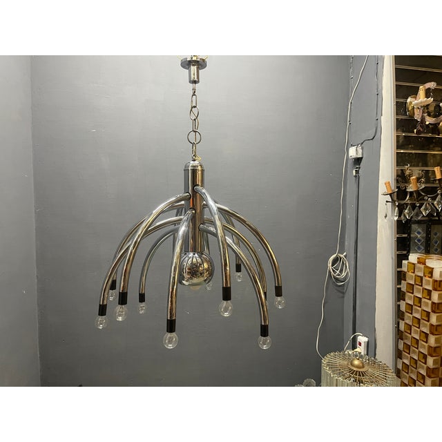 Vintage Space Age Chrome 13-Light Chandelier attributed to Goffredo Reggiani, 1970s For Sale - Image 9 of 14