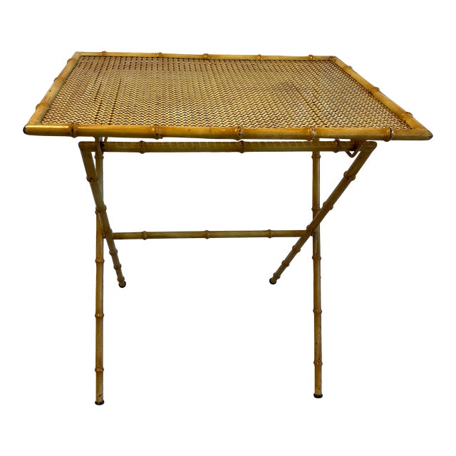 Vintage Metal Faux Bamboo & Faux Cane Collapsible Table For Sale