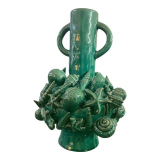 Vintage Italian Coastal Green Glazed Ceramic Shell & Starfish Urn Vase For Sale