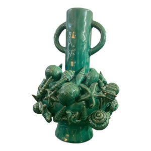 Vintage Italian Coastal Green Glazed Ceramic Shell & Starfish Urn Vase