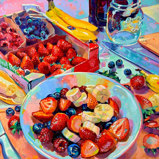 Macedonia by Alai Ganuza | Oil Painting on Cradled Wood Still Life of Fruit in Bowls For Sale