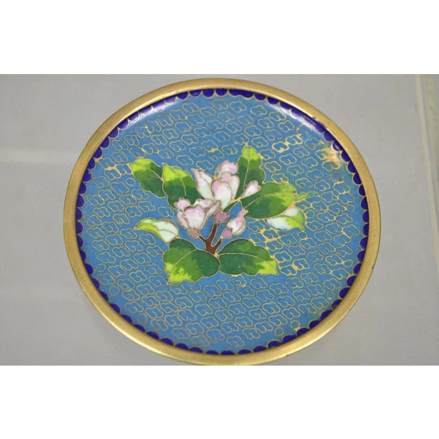 Vintage Brass Enamel Blue & Gold Floral Cloisonne Small Trinket Dish Set - Pair For Sale - Image 4 of 8