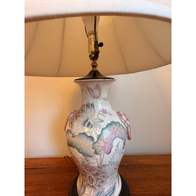 Vintage 32” Chinoiserie Floral Porcelain Table Lamp With Raised Flower Knockers and Shade For Sale - Image 4 of 12