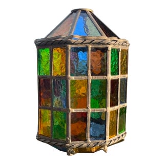 Vintage Stained Glass Pendant Lamp Shade With Multicolor Panels and Twisted Metal Trim For Sale