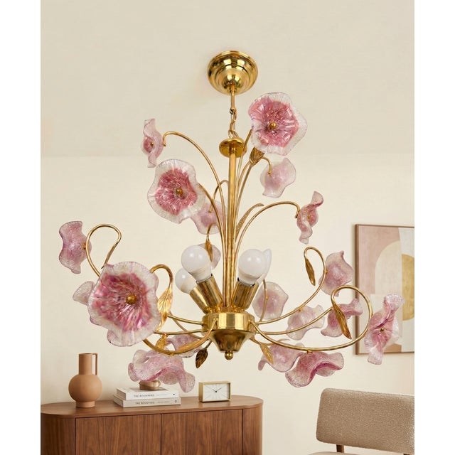 Mid-Century Modern 1970s Mid-Century Modern Pink Murano Glass Floral Petal Chandelier For Sale - Image 3 of 7