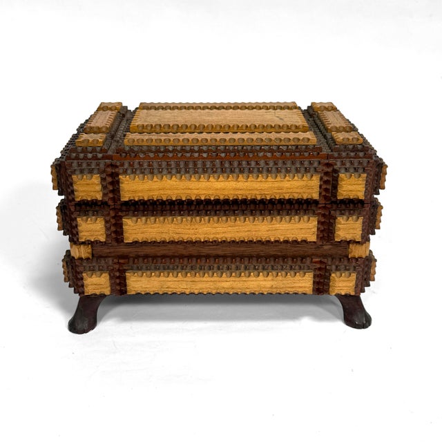 Folk Art Antique Footed Two-Tone Tramp Art Jewelry Box With Mirror For Sale - Image 3 of 10