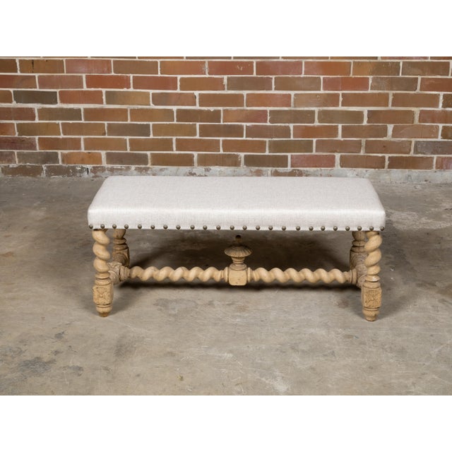 Brown Early 20th Century English Turn of the Century Bleached Wood Barley Twist Bench with Upholstery For Sale - Image 8 of 12