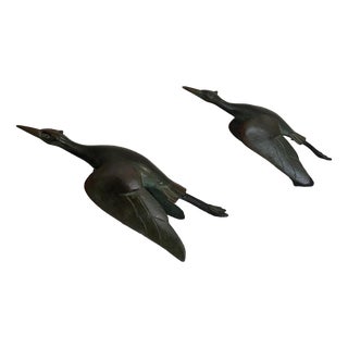 Art Deco Bronze Crane Bookends with Marble Bases by H. Garreau Auxerre Label, France, 1930s, Set of 2 For Sale