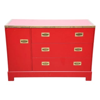 1970's Campaign Style Red and Brass Storage Cabinet by Directional For Sale