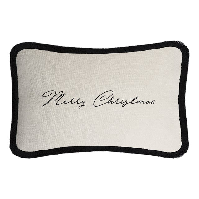Christmas Happy Pillow in White and Black from Lo Decor For Sale