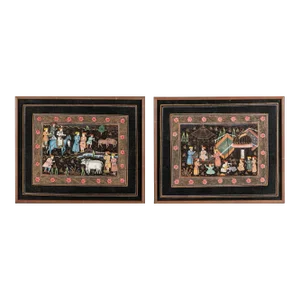 Mid 20th Century Persian Miniature Paintings on Silk, Framed - Set of 2
