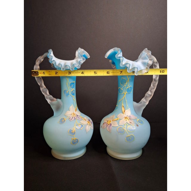 Antique Pair Victorian Blue Satin Cased Glass Pitcher Ewers Hand Painted Orchids Frosted Coral Branch Handles Ruffled Rim - a Pair For Sale - Image 16 of 18