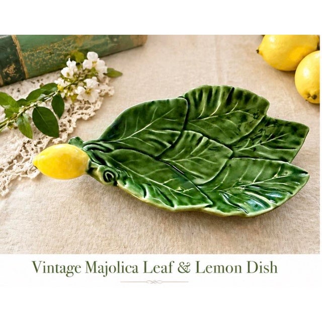 Vintage Portuguese Majolica Style Lemon Leaf Dish by Olfaire – French Country Green Glazed Ceramic Catchall For Sale In Raleigh - Image 6 of 12