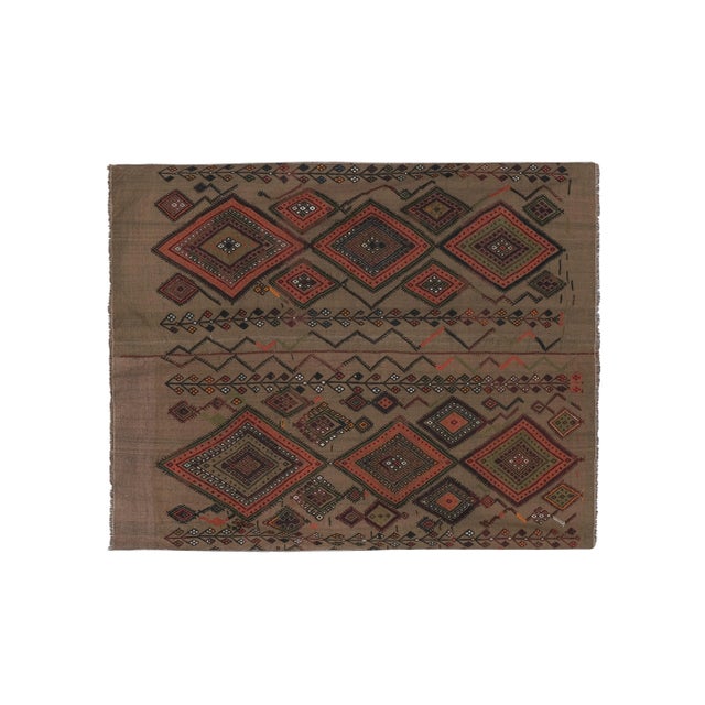 1980s Vintage Turkish Kilim Flat Weave Area Rug 5'3'' X 6'1'' 62.6" x 72.9" / 159 x 185 Cm Hand woven with high quality...