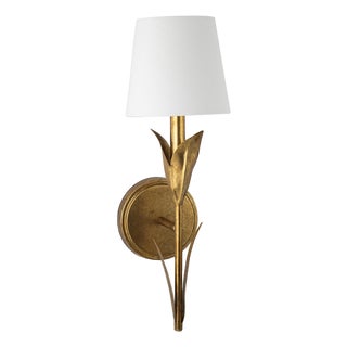 River Reed Sconce Single, Antique Gold Leaf with Natural Linen Shade For Sale