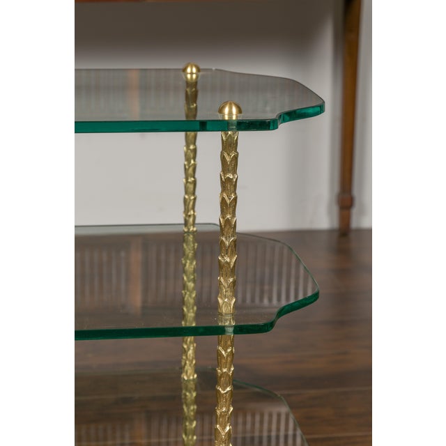 Mid 20th Century Brass Three-Tiered Table with Glass Shelves and Foliage Motifs For Sale - Image 10 of 12