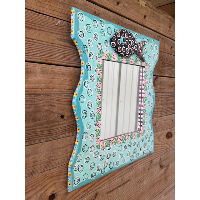 Wood 1990s Whimsical Hand-Painted Coastal Folk Art Fish Wall Mirror For Sale - Image 7 of 10